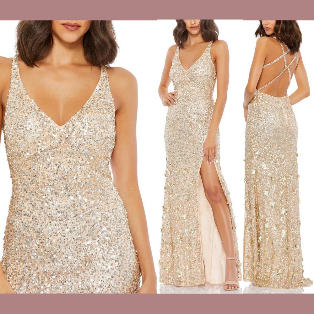 NWT $458 Mac Duggal [ 2 ] 3D Floral Sequined Strappy Sleeveless Gown Nude #G1700